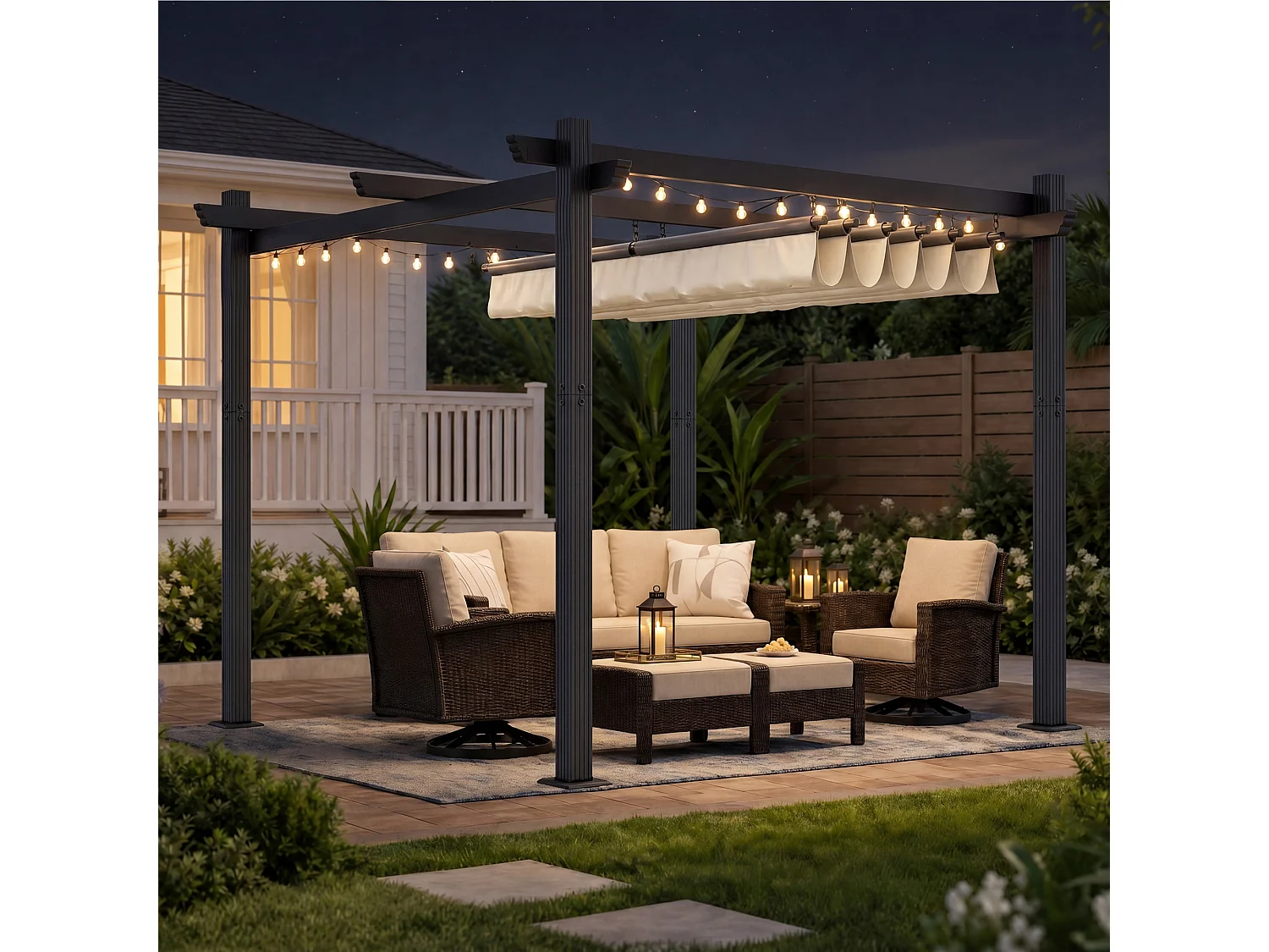 DEVOKE Pergola Jardin 3x3m avec Toit Ouvrant Réglable à Fermeture Magnétique | Structure Aluminium Stable avec Fixations Vis d'Expansion + Tiges de Sol, Beige