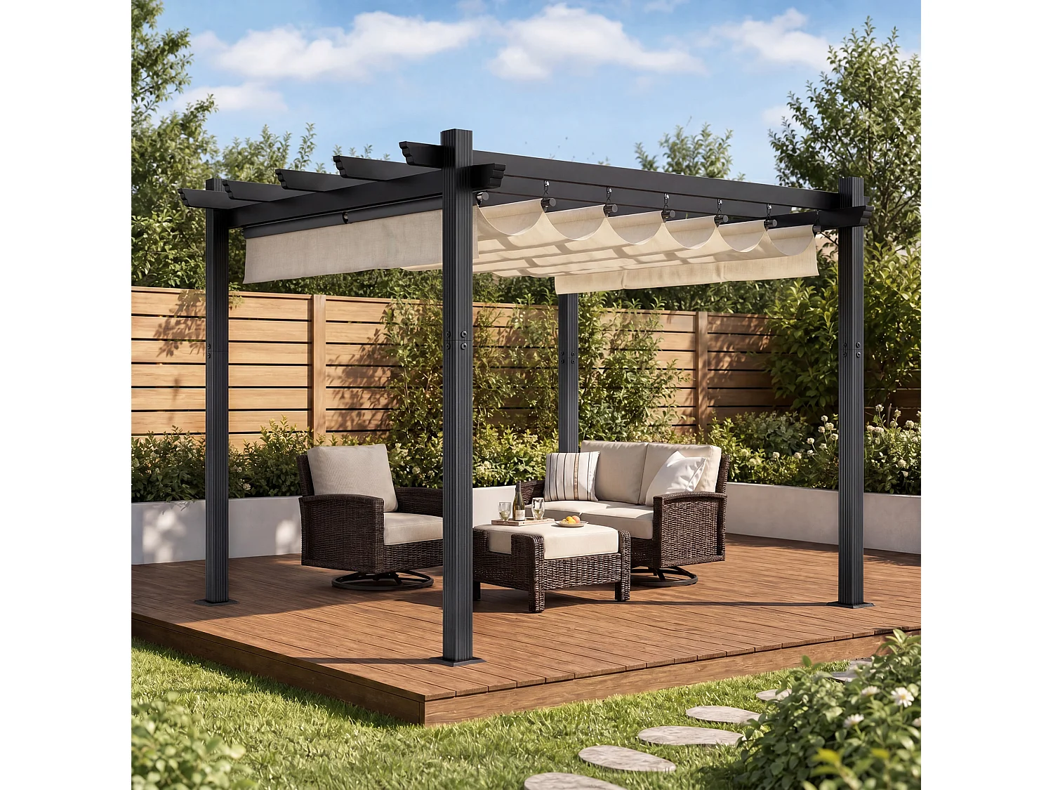 DEVOKE Pergola Jardin 3x3m avec Toit Ouvrant Réglable à Fermeture Magnétique | Structure Aluminium Stable avec Fixations Vis d'Expansion + Tiges de Sol, Beige