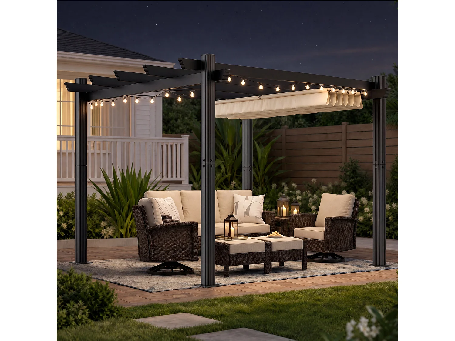DEVOKE Pergola Jardin 3x3m avec Toit Ouvrant Réglable à Fermeture Magnétique | Structure Aluminium Stable avec Fixations Vis d'Expansion + Tiges de Sol, Beige