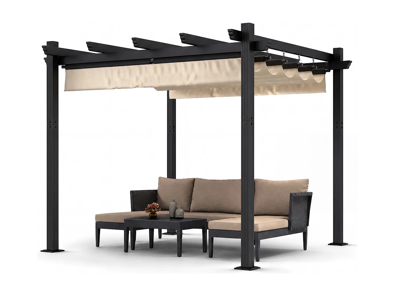 DEVOKE Pergola Jardin 3x3m avec Toit Ouvrant Réglable à Fermeture Magnétique | Structure Aluminium Stable avec Fixations Vis d'Expansion + Tiges de Sol, Beige