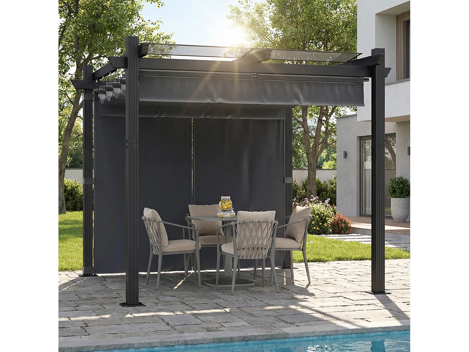Pergola de Jardin 3x3m avec Toit Ouvrant Réglable à Fermeture Magnétique | Châssis en Aluminium avec une Paroi Latérale | Toit en Polycarbonate 100% Étanche, Gris