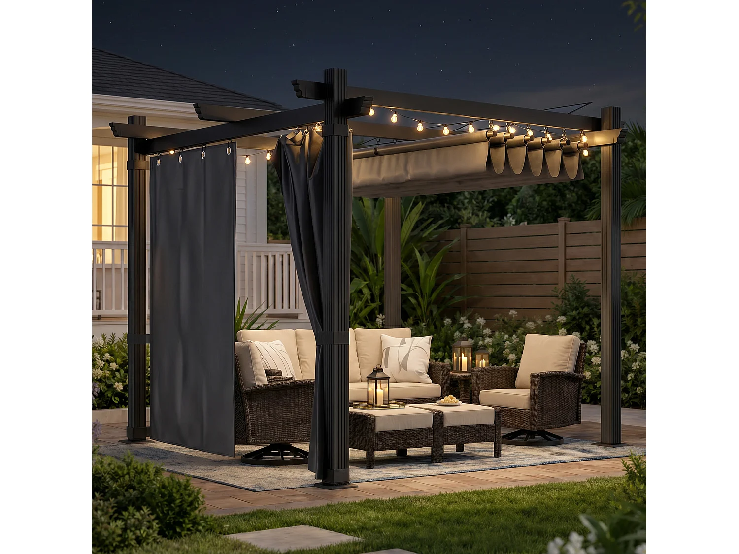 DEVOKE Pergola de Jardin 3x3m avec Toit Ouvrant Réglable à Fermeture Magnétique | Châssis en Aluminium avec une Paroi Latérale , Gris,Sans voyant LED