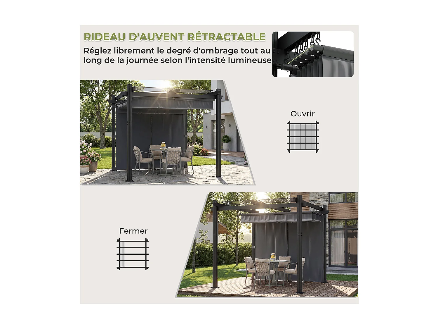 DEVOKE Pergola de Jardin 3x3m avec Toit Ouvrant Réglable à Fermeture Magnétique | Châssis en Aluminium avec une Paroi Latérale , Gris,Sans voyant LED