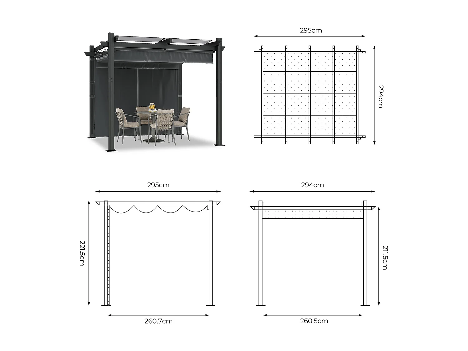 DEVOKE Pergola de Jardin 3x3m avec Toit Ouvrant Réglable à Fermeture Magnétique | Châssis en Aluminium avec une Paroi Latérale , Gris,Sans voyant LED