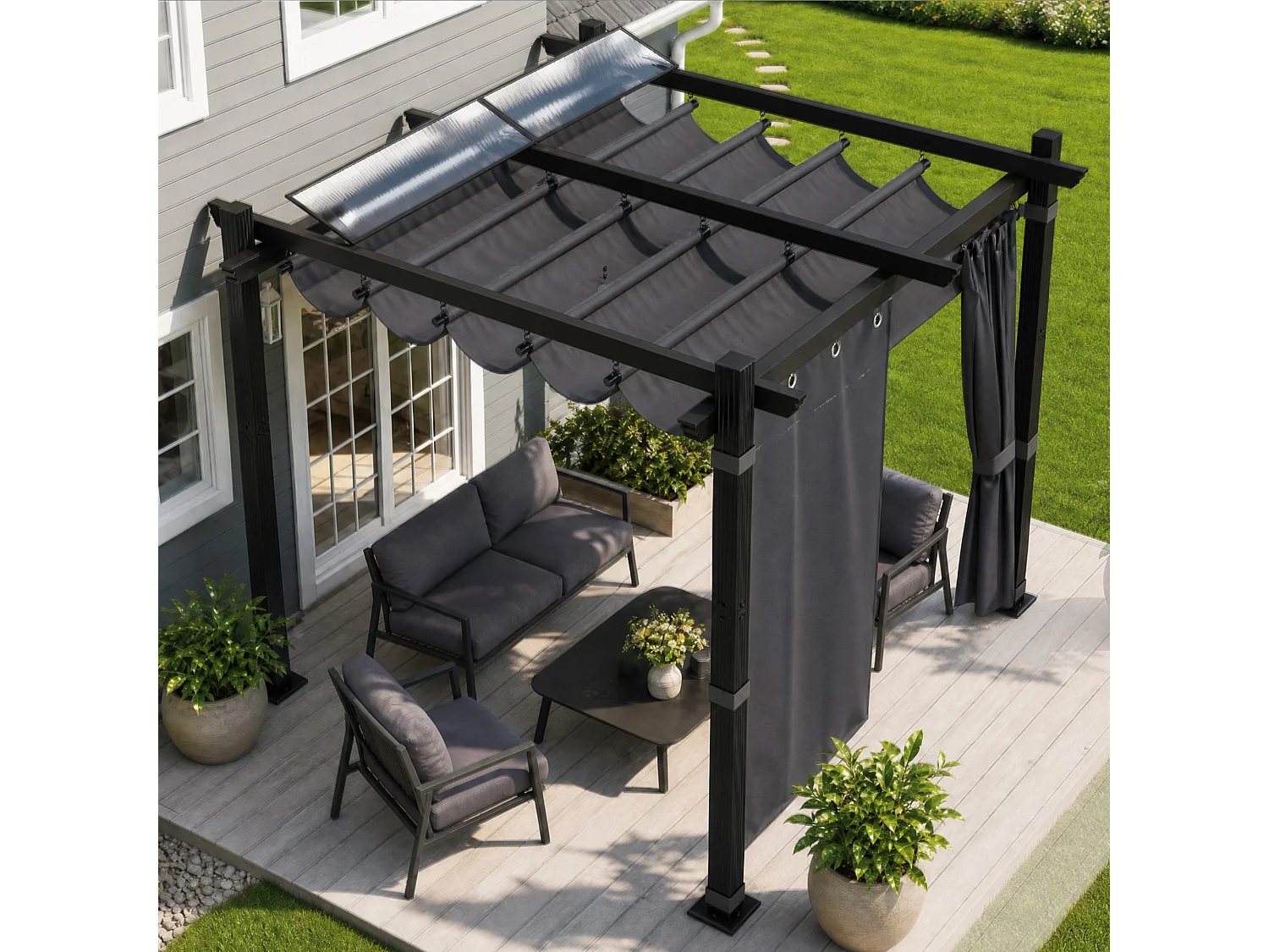 DEVOKE Pergola de Jardin 3x3m avec Toit Ouvrant Réglable à Fermeture Magnétique | Châssis en Aluminium avec une Paroi Latérale , Gris,Sans voyant LED