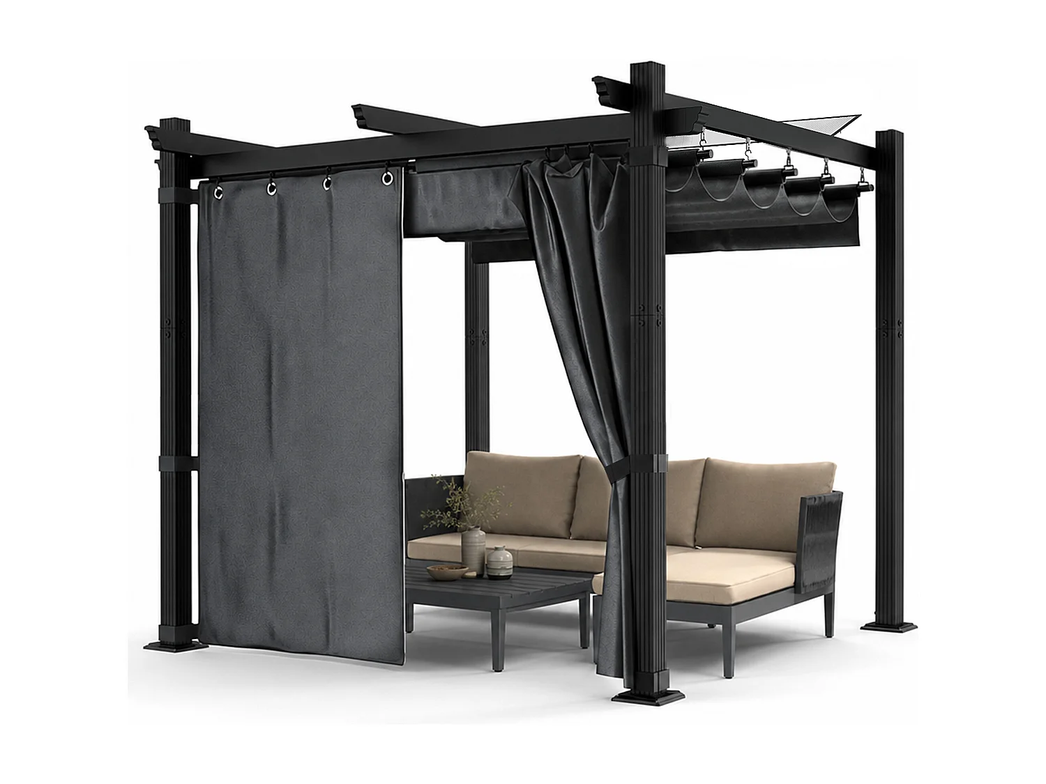 DEVOKE Pergola de Jardin 3x3m avec Toit Ouvrant Réglable à Fermeture Magnétique | Châssis en Aluminium avec une Paroi Latérale , Gris,Sans voyant LED