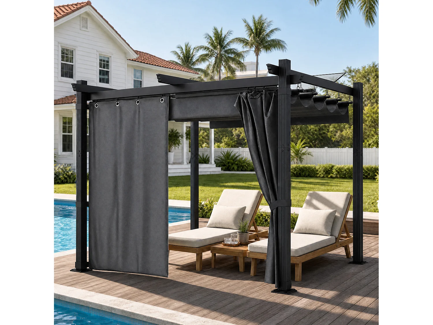 DEVOKE Pergola de Jardin 3x3m avec Toit Ouvrant Réglable à Fermeture Magnétique | Châssis en Aluminium avec une Paroi Latérale , Gris,Sans voyant LED