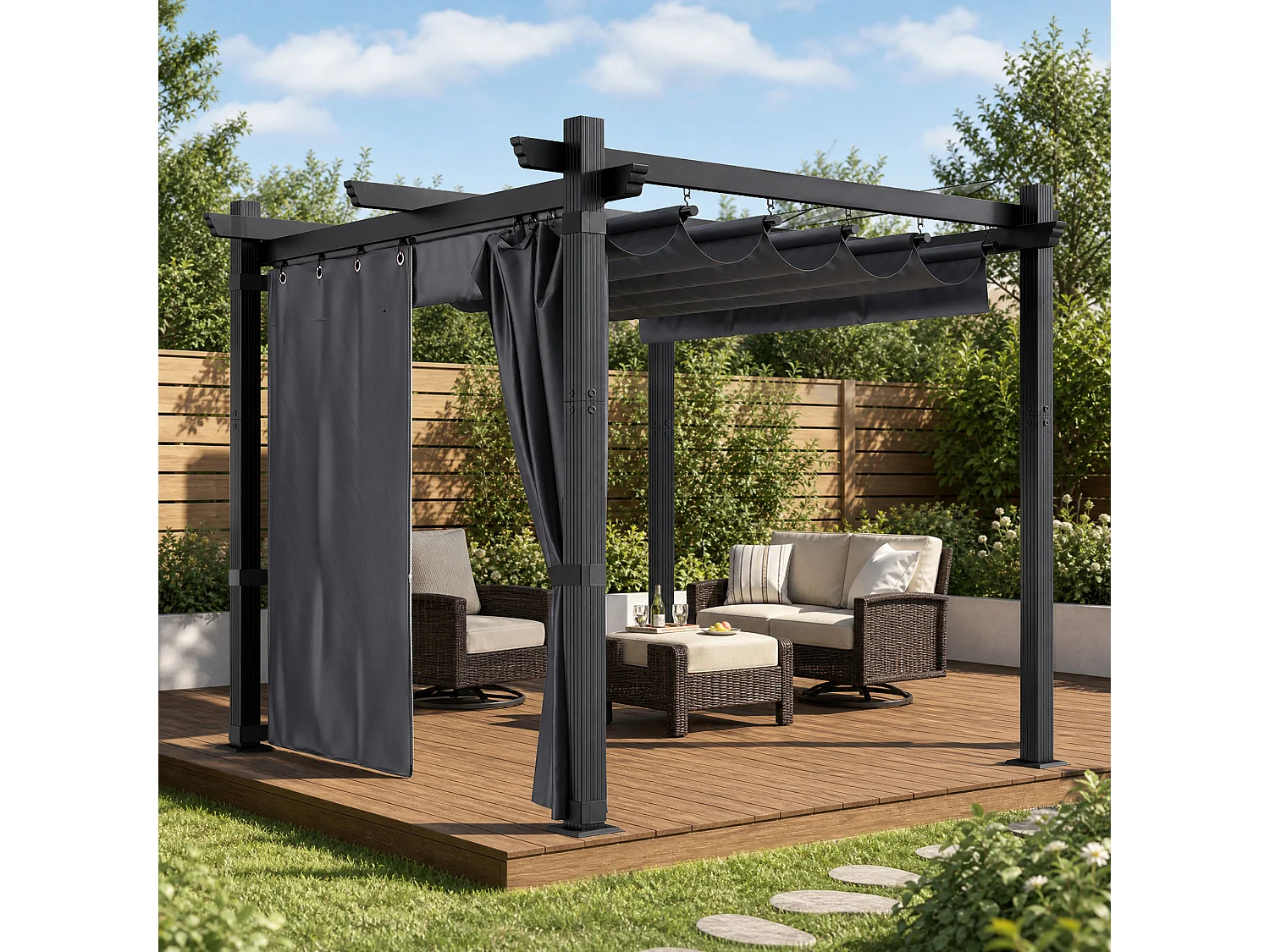 DEVOKE Pergola de Jardin 3x3m avec Toit Ouvrant Réglable à Fermeture Magnétique | Châssis en Aluminium avec une Paroi Latérale , Gris,Sans voyant LED