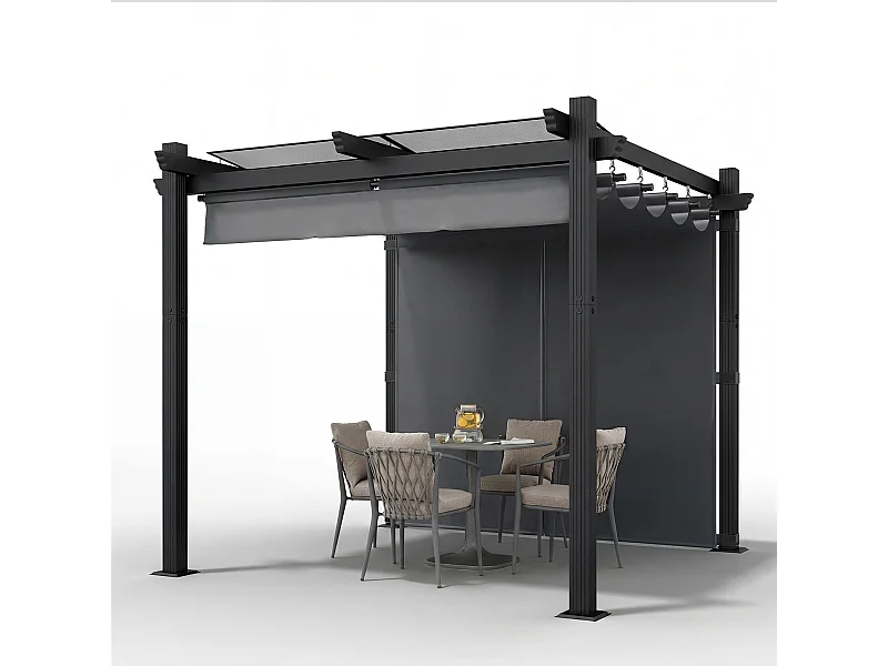 Pergola de Jardin 3x3m avec Toit Ouvrant Réglable à Fermeture Magnétique | Châssis en Aluminium avec une Paroi Latérale | Toit en Polycarbonate 100% Étanche, Gris