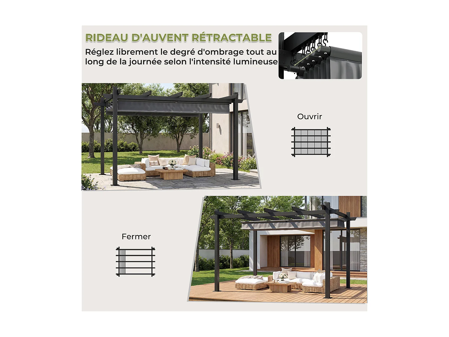 Pergola Jardin 3x4m avec Toit Ouvrant Réglable à Fermeture Magnétique | Structure Aluminium Stable avec Fixations Vis d'Expansion + Tiges de Sol, Gris