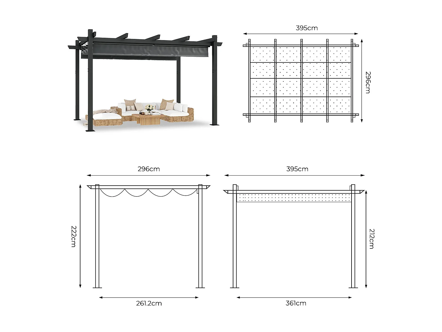 Pergola Jardin 3x4m avec Toit Ouvrant Réglable à Fermeture Magnétique | Structure Aluminium Stable avec Fixations Vis d'Expansion + Tiges de Sol, Gris