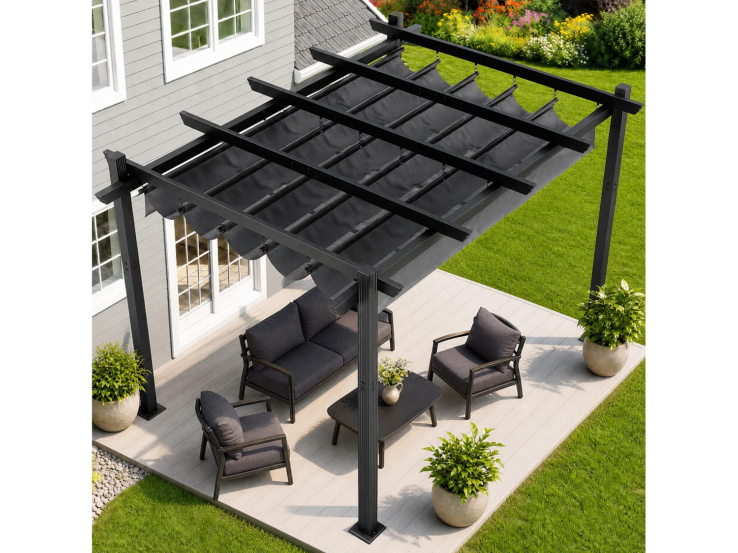 DEVOKE Pergola Jardin 3x4m avec Toit Ouvrant Réglable à Fermeture Magnétique | Structure Aluminium Stable avec Fixations Vis d'Expansion + Tiges de Sol, Gris