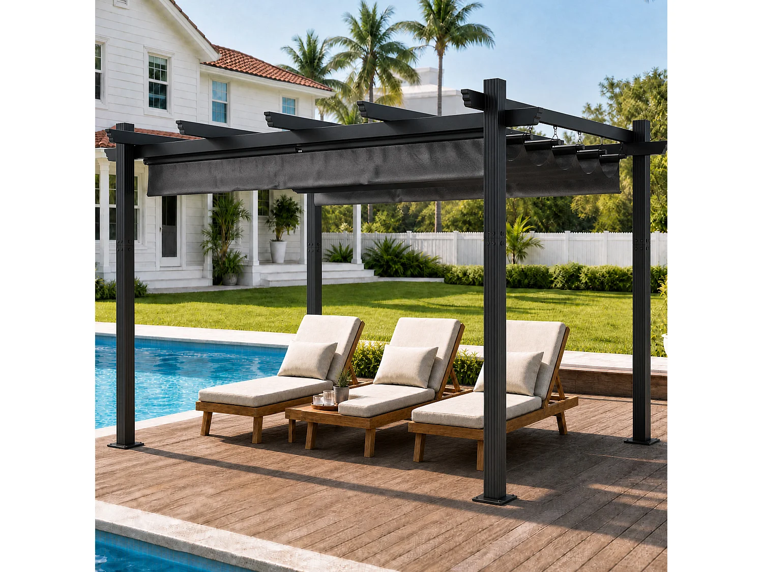 DEVOKE Pergola Jardin 3x4m avec Toit Ouvrant Réglable à Fermeture Magnétique | Structure Aluminium Stable avec Fixations Vis d'Expansion + Tiges de Sol, Gris