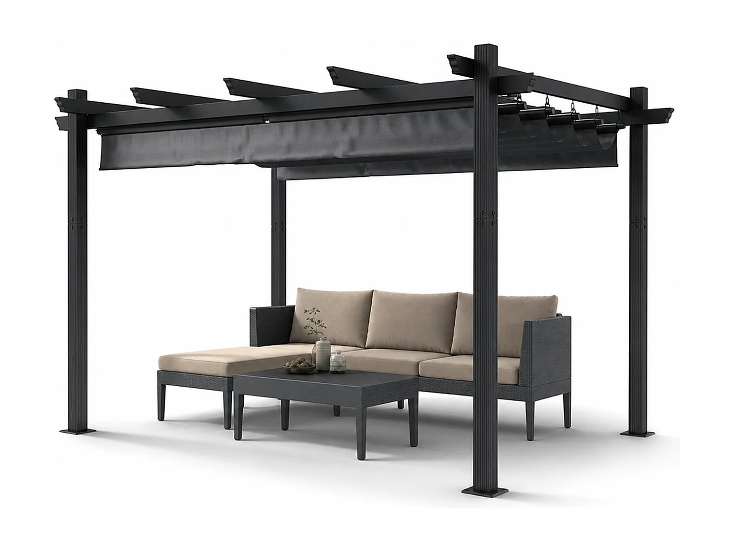 DEVOKE Pergola Jardin 3x4m avec Toit Ouvrant Réglable à Fermeture Magnétique | Structure Aluminium Stable avec Fixations Vis d'Expansion + Tiges de Sol, Gris