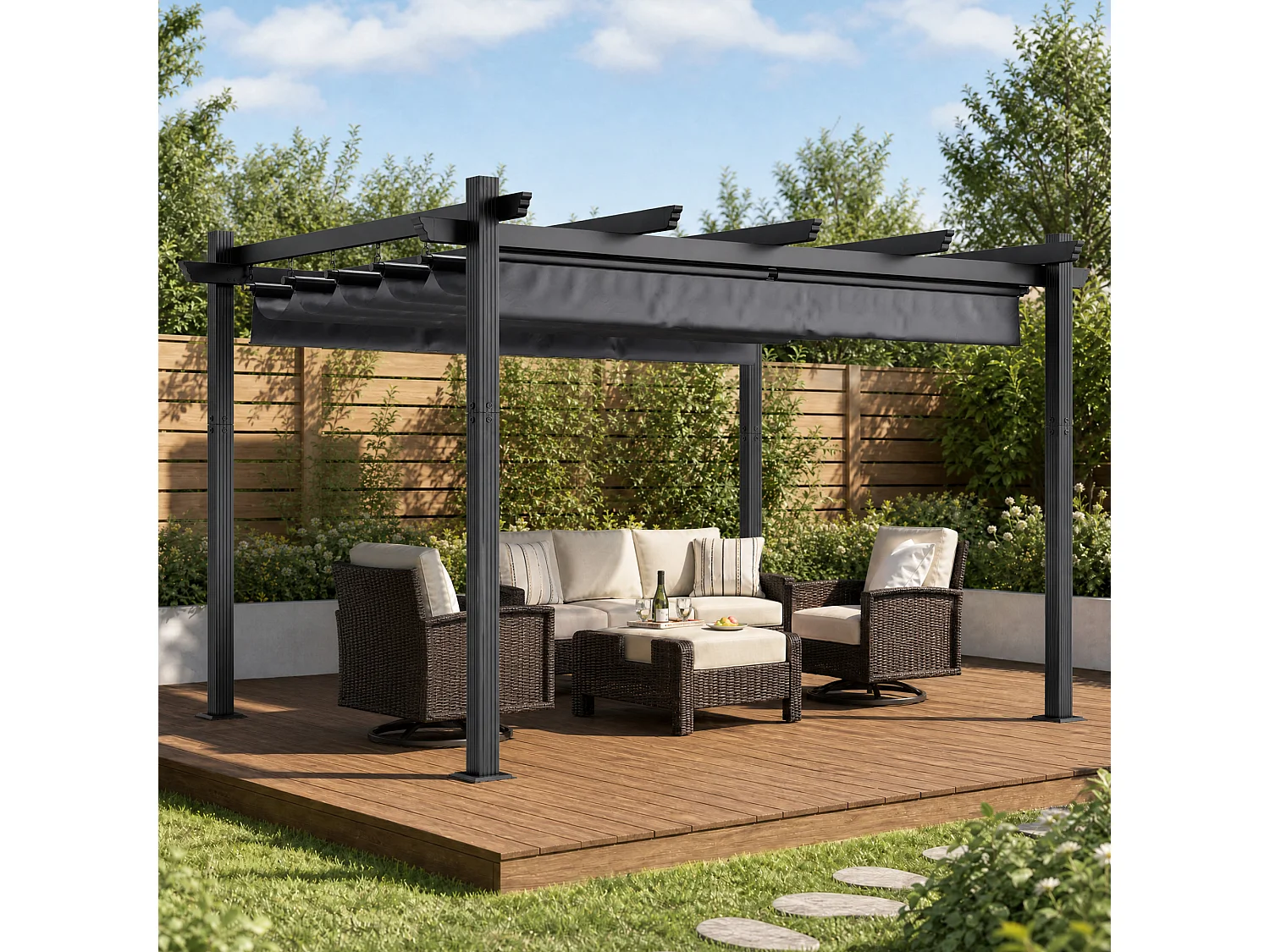 DEVOKE Pergola Jardin 3x4m avec Toit Ouvrant Réglable à Fermeture Magnétique | Structure Aluminium Stable avec Fixations Vis d'Expansion + Tiges de Sol, Gris