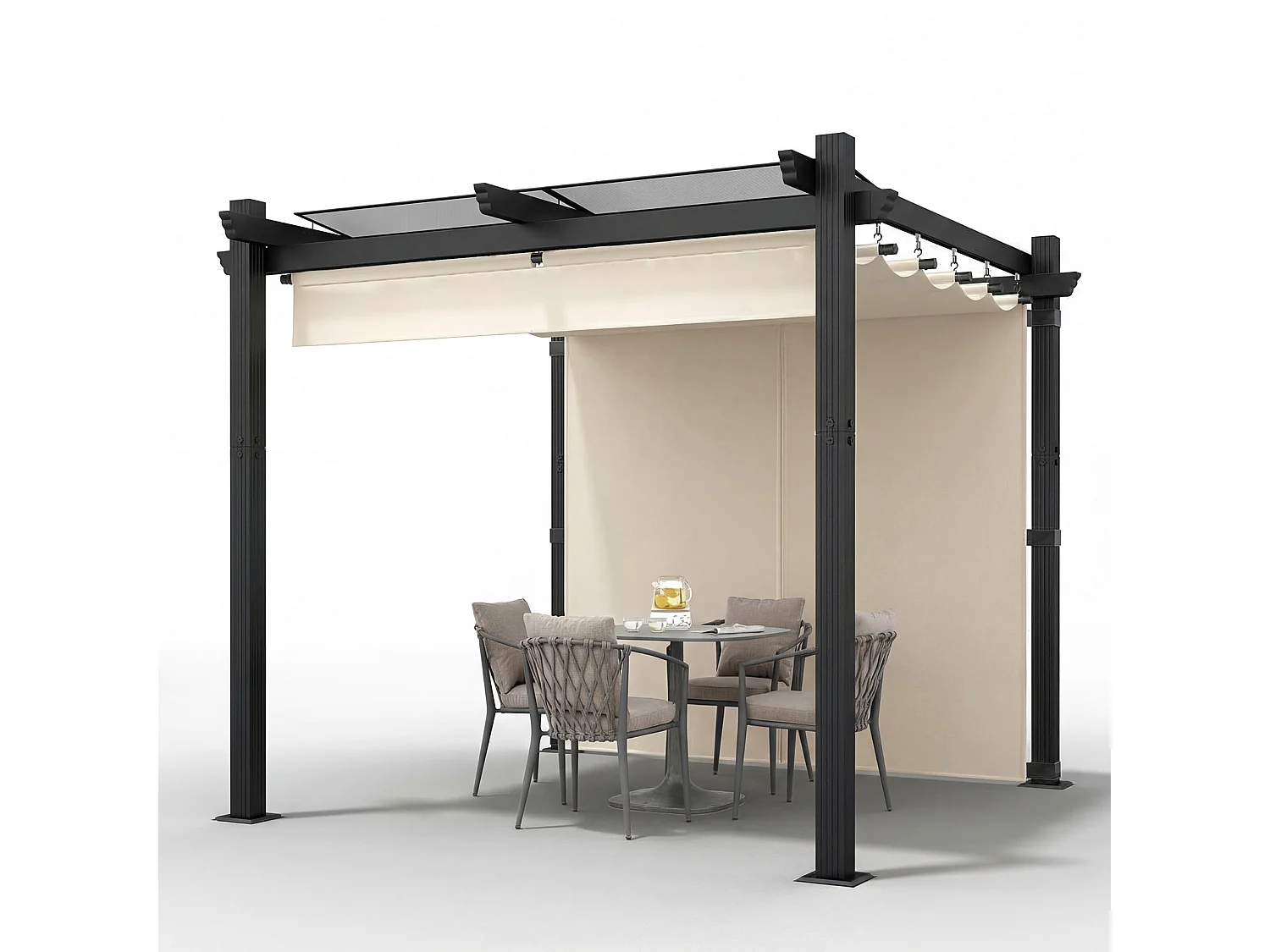 Pergola de Jardin 3x3m avec Toit Ouvrant Réglable à Fermeture Magnétique | Châssis en Aluminium avec une Paroi Latérale | Toit en Polycarbonate 100% Étanche, Beige