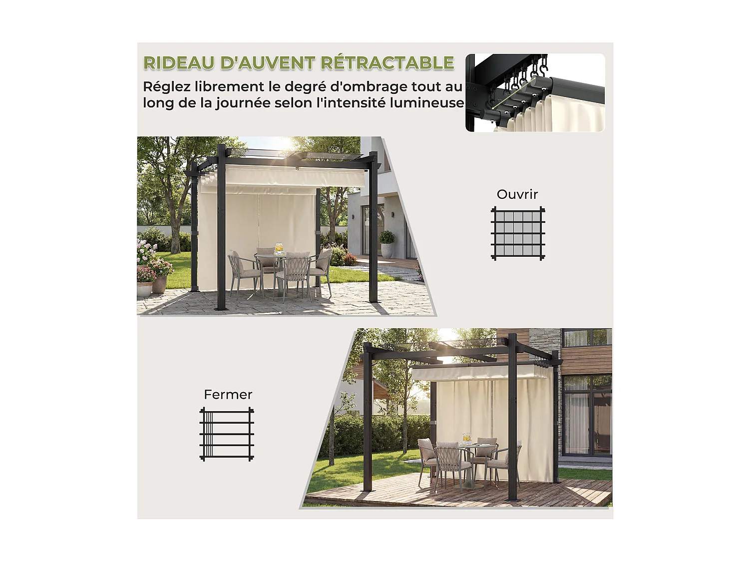 Pergola de Jardin 3x3m avec Toit Ouvrant Réglable à Fermeture Magnétique | Châssis en Aluminium avec une Paroi Latérale | Toit en Polycarbonate 100% Étanche, Beige