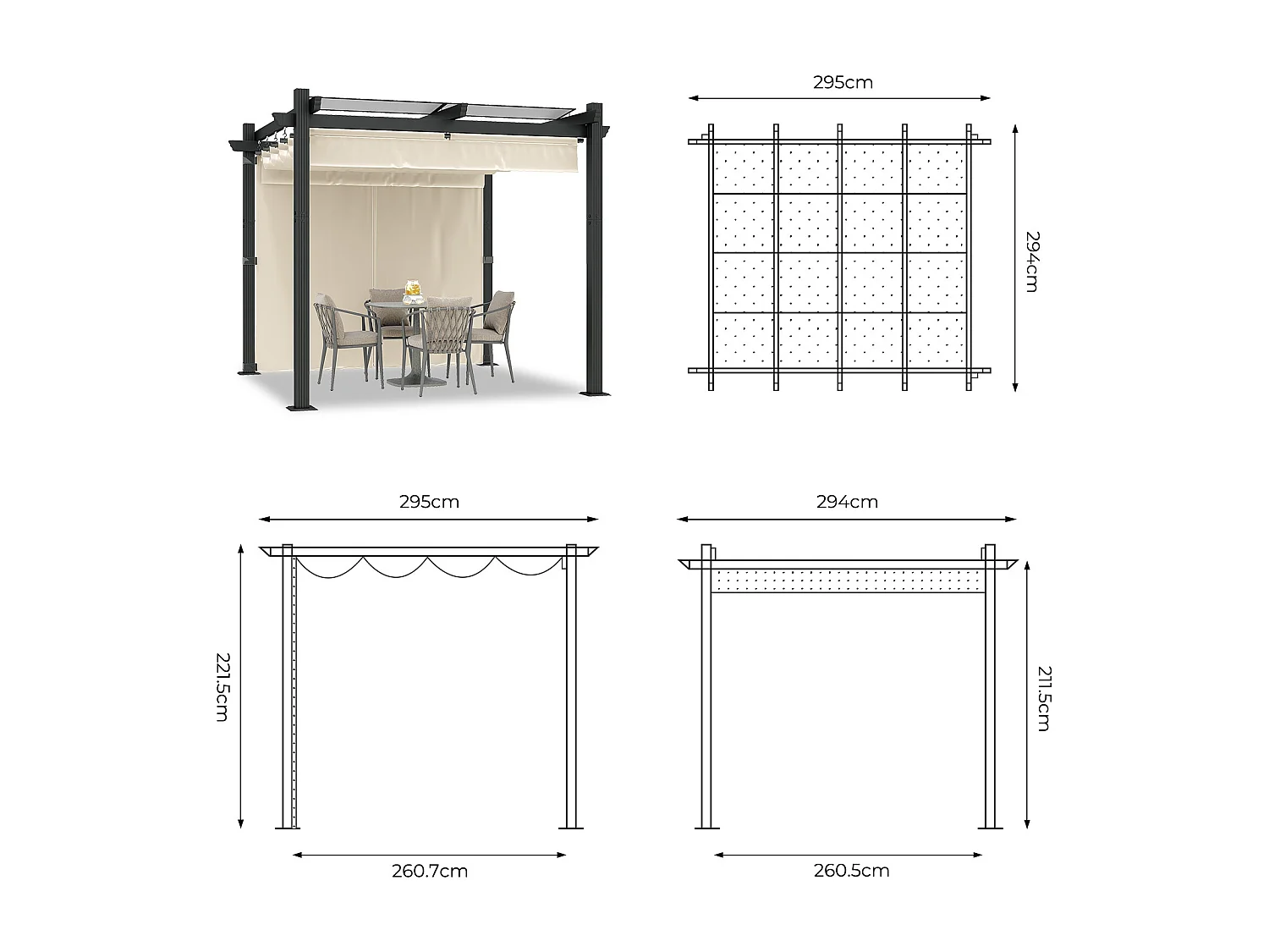 Pergola de Jardin 3x3m avec Toit Ouvrant Réglable à Fermeture Magnétique | Châssis en Aluminium avec une Paroi Latérale | Toit en Polycarbonate 100% Étanche, Beige