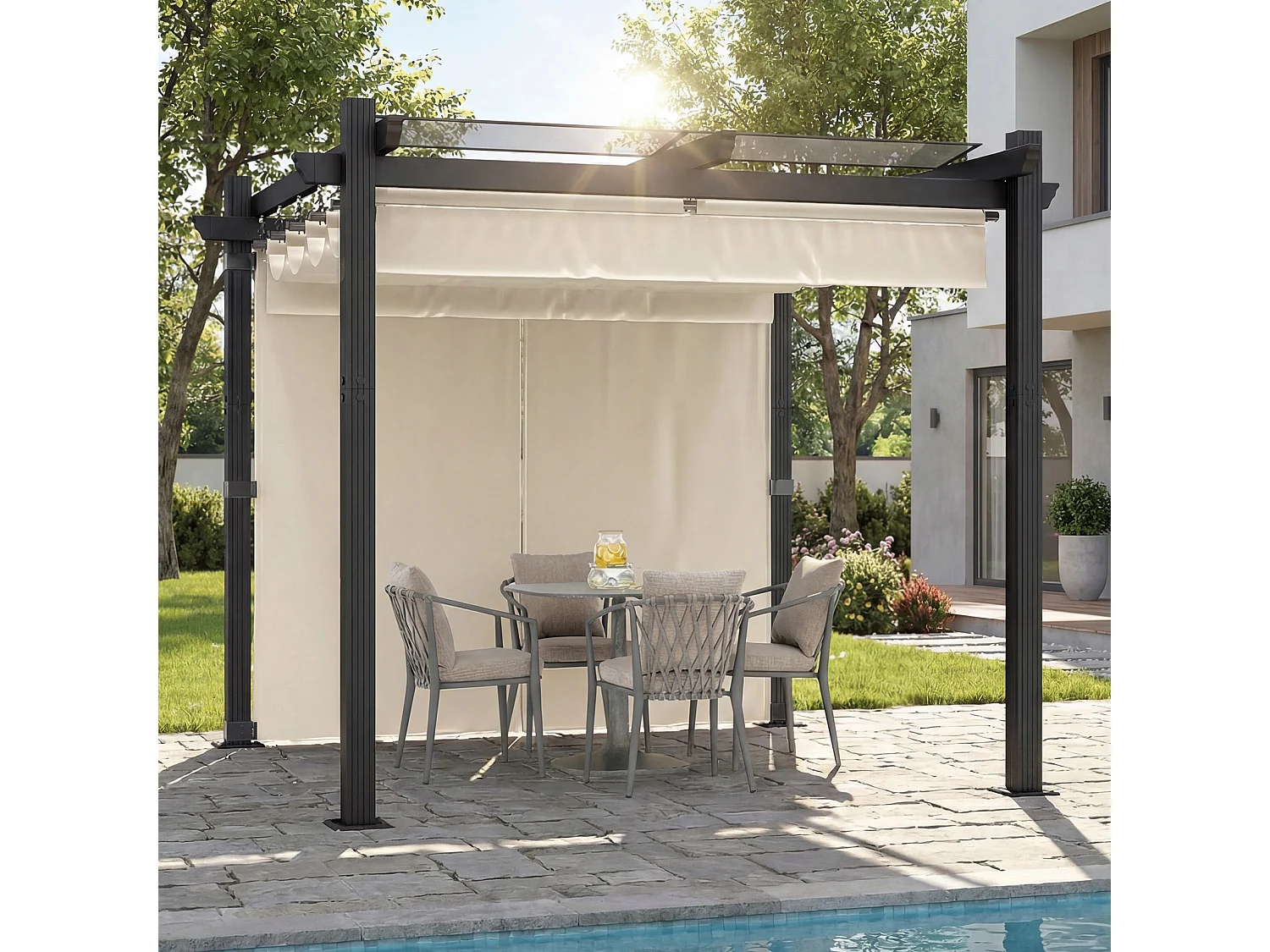 Pergola de Jardin 3x3m avec Toit Ouvrant Réglable à Fermeture Magnétique | Châssis en Aluminium avec une Paroi Latérale | Toit en Polycarbonate 100% Étanche, Beige