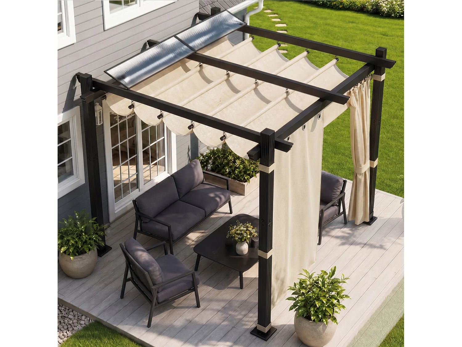 Pergola de Jardin 3x3m avec Toit Ouvrant Réglable à Fermeture Magnétique | Châssis en Aluminium avec une Paroi Latérale | Toit en Polycarbonate 100% Étanche, Beige