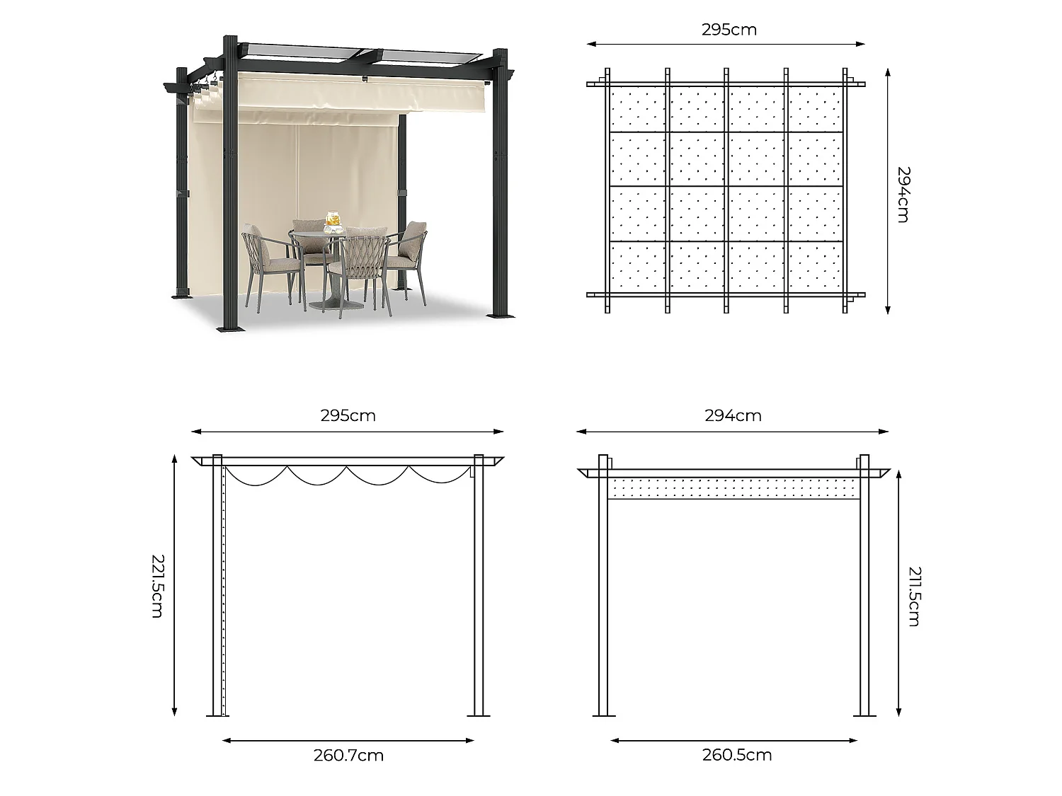 Pergola de Jardin 3x3m avec Toit Ouvrant Réglable à Fermeture Magnétique | Châssis en Aluminium avec une Paroi Latérale | Toit en Polycarbonate 100% Étanche, Beige