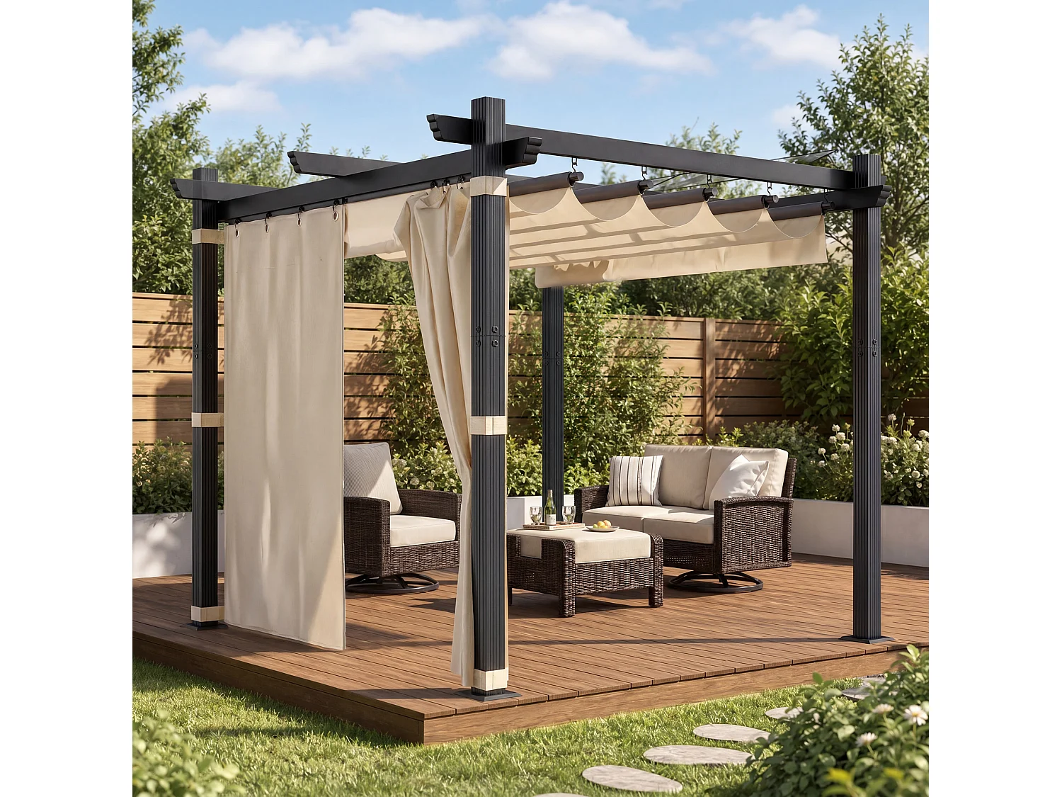 Pergola de Jardin 3x3m avec Toit Ouvrant Réglable à Fermeture Magnétique | Châssis en Aluminium avec une Paroi Latérale | Toit en Polycarbonate 100% Étanche, Beige