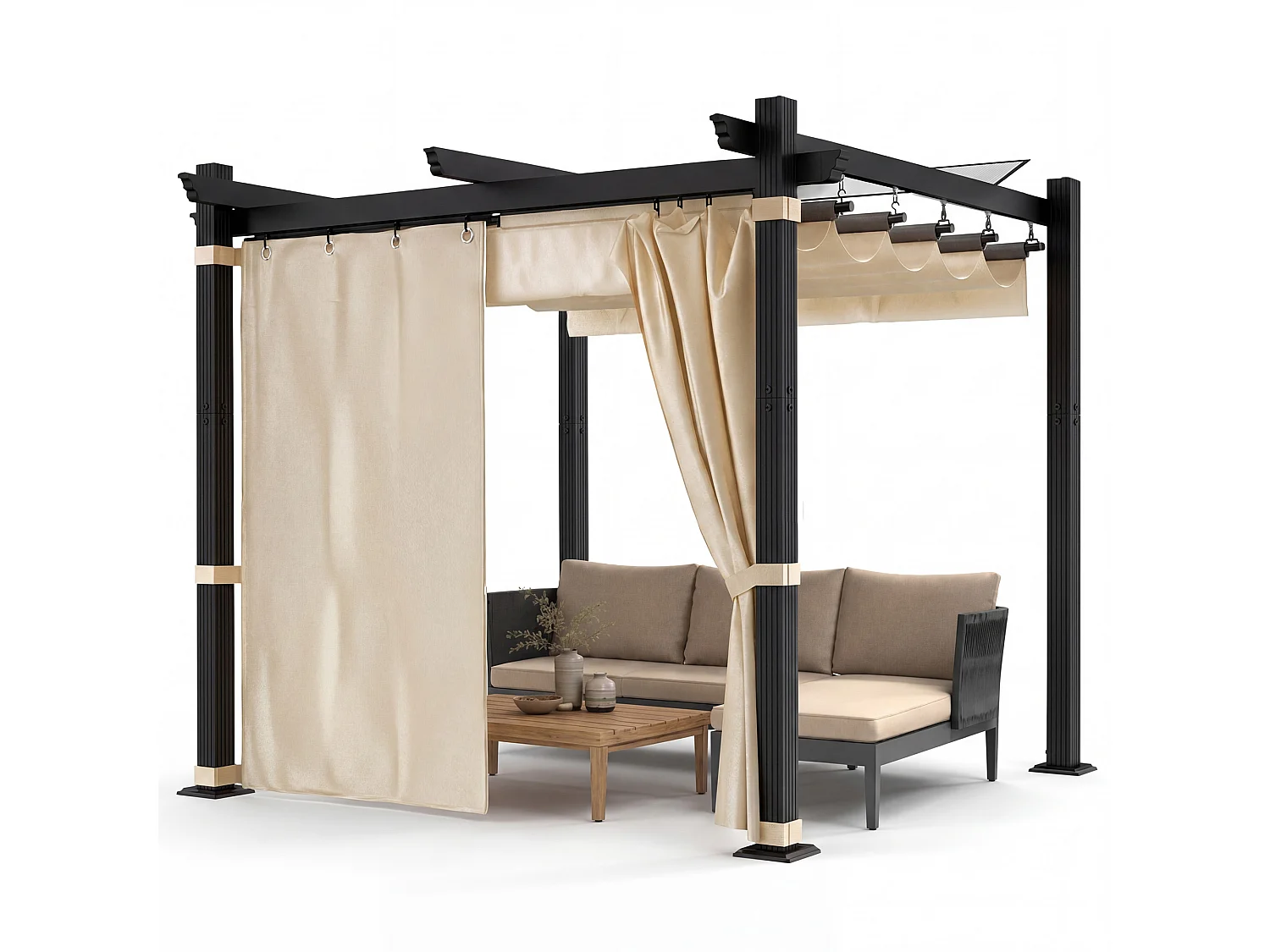 Pergola de Jardin 3x3m avec Toit Ouvrant Réglable à Fermeture Magnétique | Châssis en Aluminium avec une Paroi Latérale | Toit en Polycarbonate 100% Étanche, Beige
