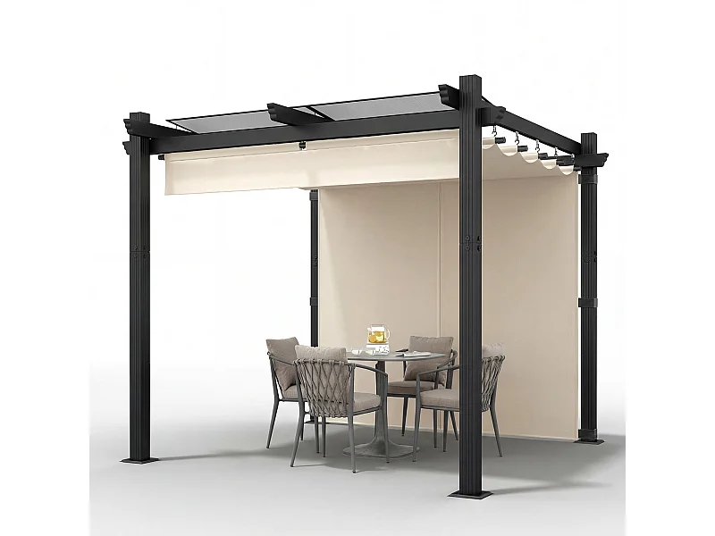 Pergola de Jardin 3x3m avec Toit Ouvrant Réglable à Fermeture Magnétique | Châssis en Aluminium avec une Paroi Latérale | Toit en Polycarbonate 100% Étanche, Beige