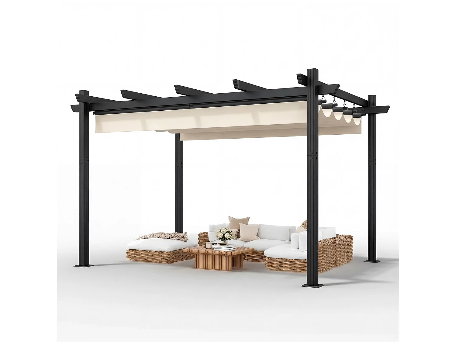 Pergola Jardin 3x4m avec Toit Ouvrant Réglable à Fermeture Magnétique | Structure Aluminium Stable avec Fixations Vis d'Expansion + Tiges de Sol, Beige
