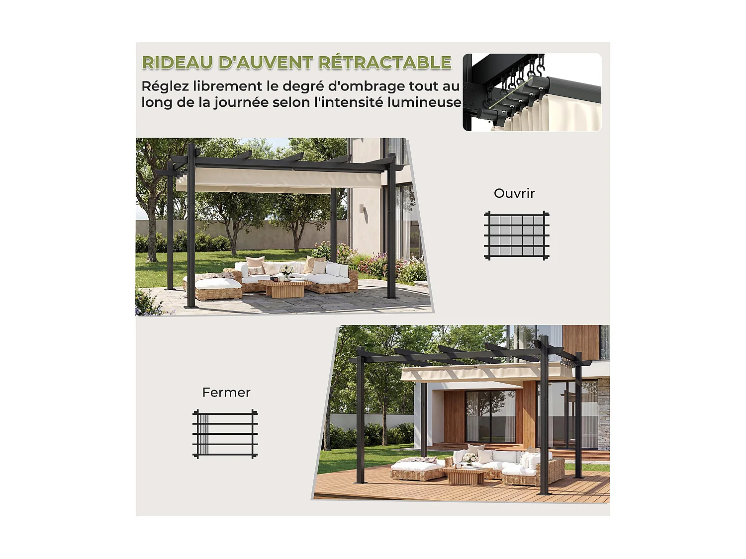 Pergola Jardin 3x4m avec Toit Ouvrant Réglable à Fermeture Magnétique | Structure Aluminium Stable avec Fixations Vis d'Expansion + Tiges de Sol, Beige