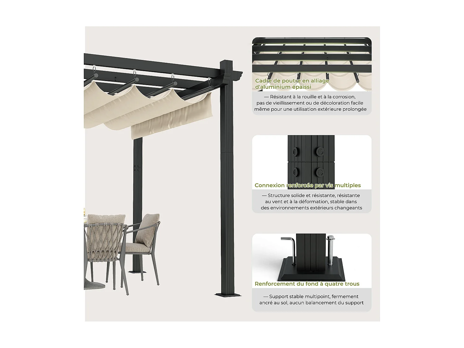 Pergola Jardin 3x4m avec Toit Ouvrant Réglable à Fermeture Magnétique | Structure Aluminium Stable avec Fixations Vis d'Expansion + Tiges de Sol, Beige
