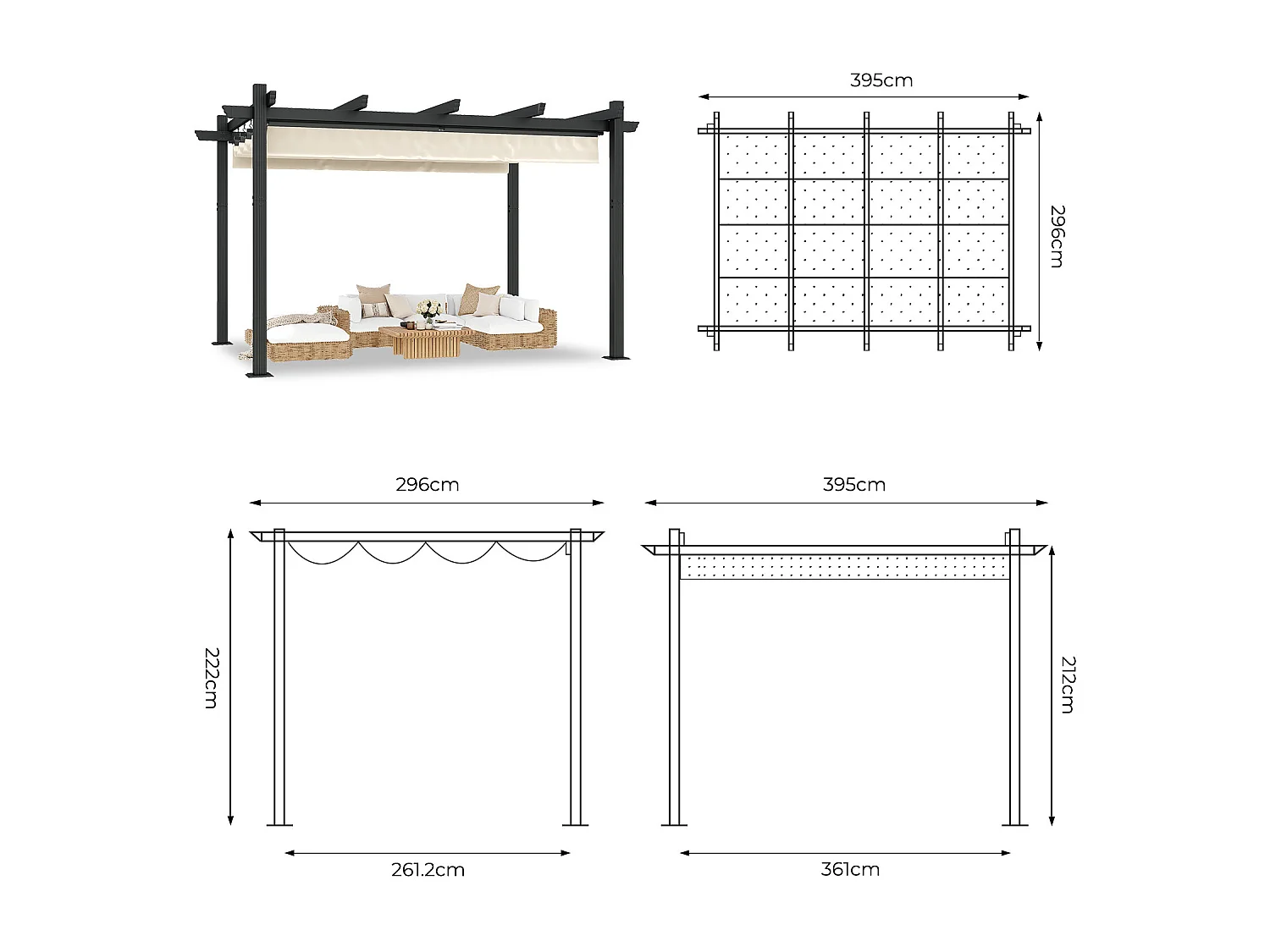 Pergola Jardin 3x4m avec Toit Ouvrant Réglable à Fermeture Magnétique | Structure Aluminium Stable avec Fixations Vis d'Expansion + Tiges de Sol, Beige