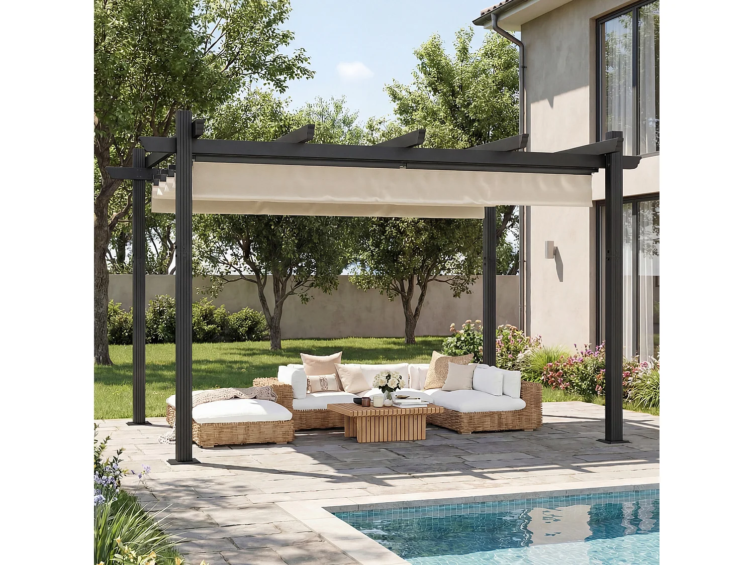 Pergola Jardin 3x4m avec Toit Ouvrant Réglable à Fermeture Magnétique | Structure Aluminium Stable avec Fixations Vis d'Expansion + Tiges de Sol, Beige