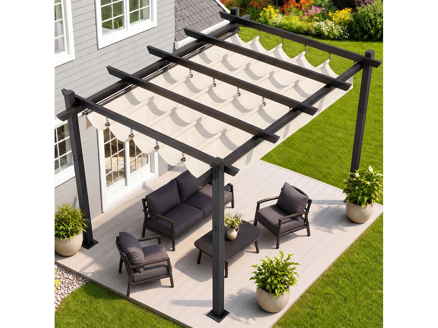DEVOKE® Pergola Jardin 3x4m avec Toit Ouvrant Réglable à Fermeture Magnétique | Structure Aluminium Stable avec Fixations Vis d'Expansion + Tiges de Sol, Beige
