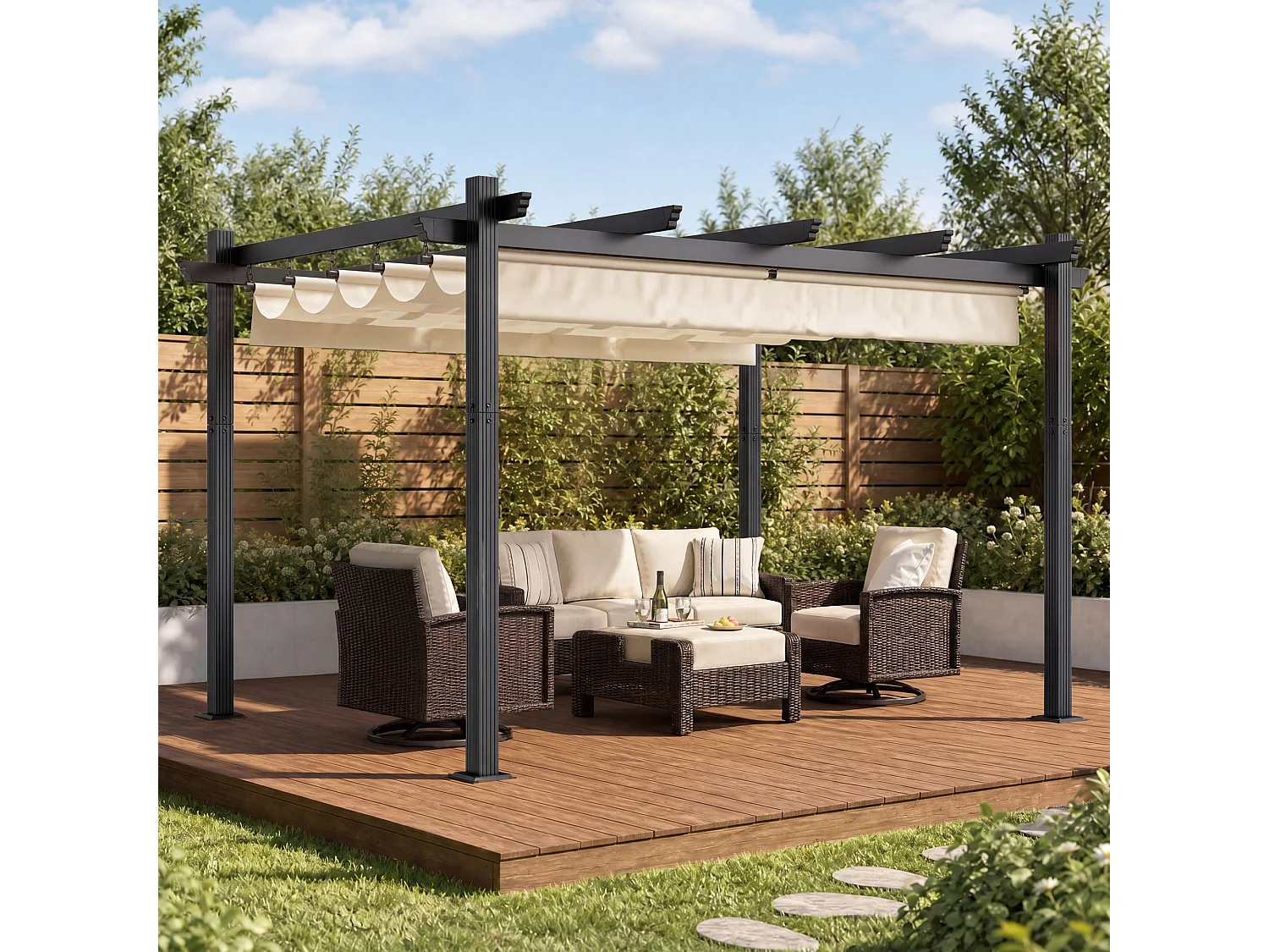 DEVOKE® Pergola Jardin 3x4m avec Toit Ouvrant Réglable à Fermeture Magnétique | Structure Aluminium Stable avec Fixations Vis d'Expansion + Tiges de Sol, Beige