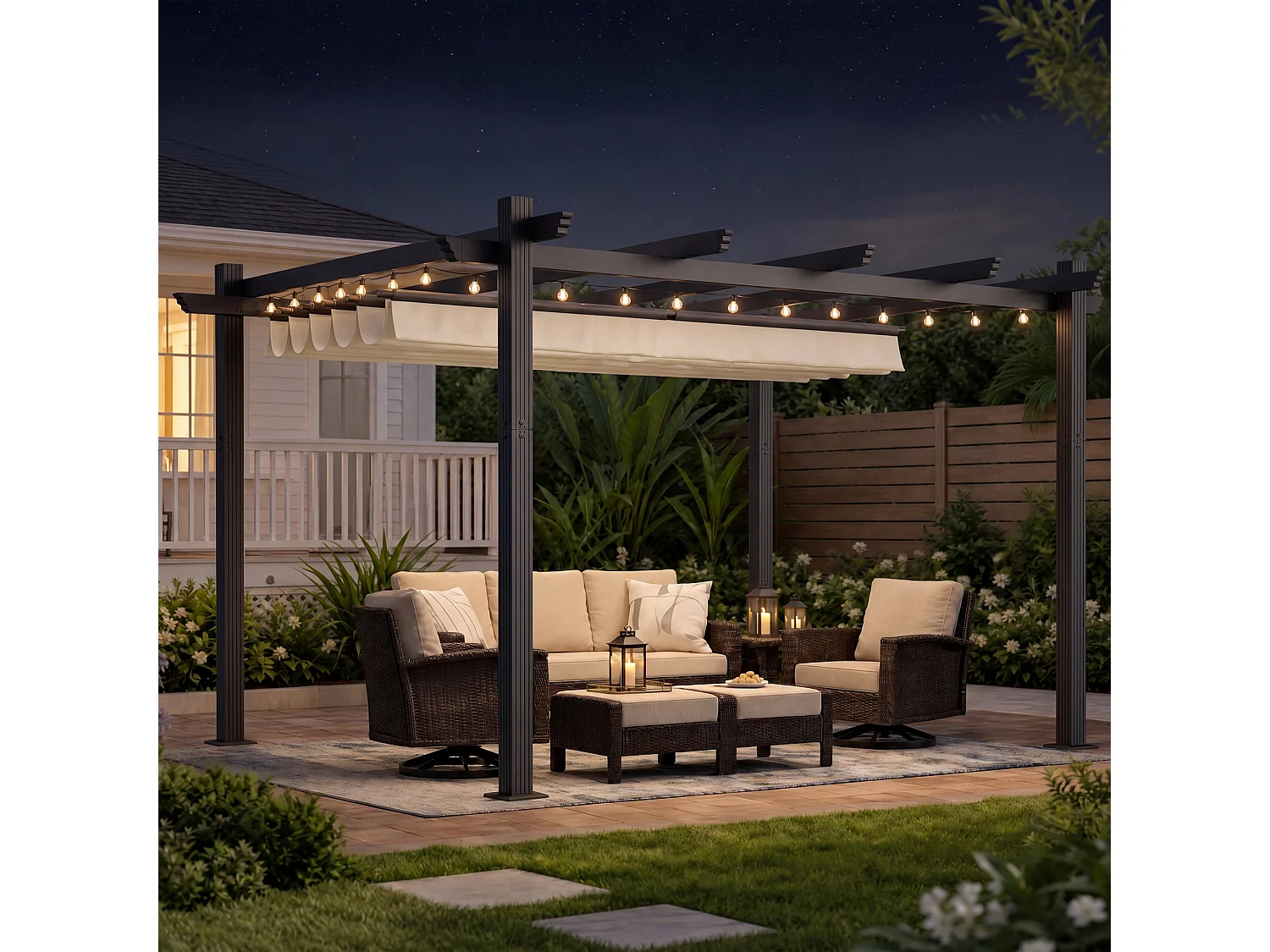 DEVOKE® Pergola Jardin 3x4m avec Toit Ouvrant Réglable à Fermeture Magnétique | Structure Aluminium Stable avec Fixations Vis d'Expansion + Tiges de Sol, Beige