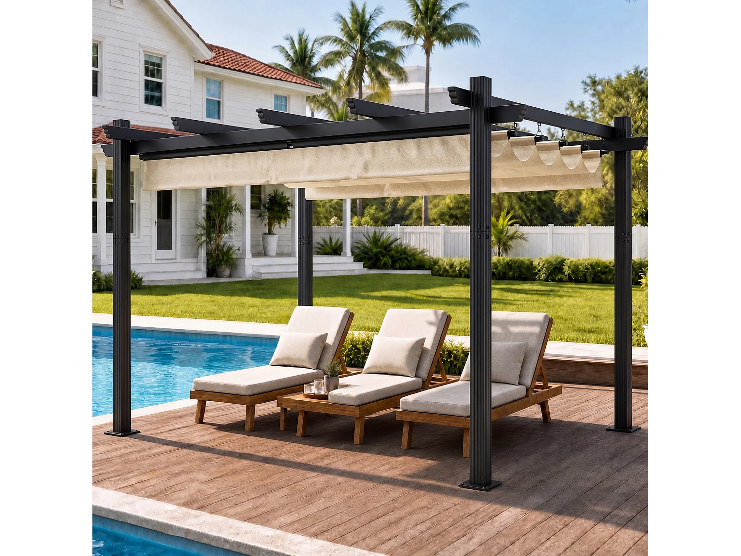 DEVOKE® Pergola Jardin 3x4m avec Toit Ouvrant Réglable à Fermeture Magnétique | Structure Aluminium Stable avec Fixations Vis d'Expansion + Tiges de Sol, Beige