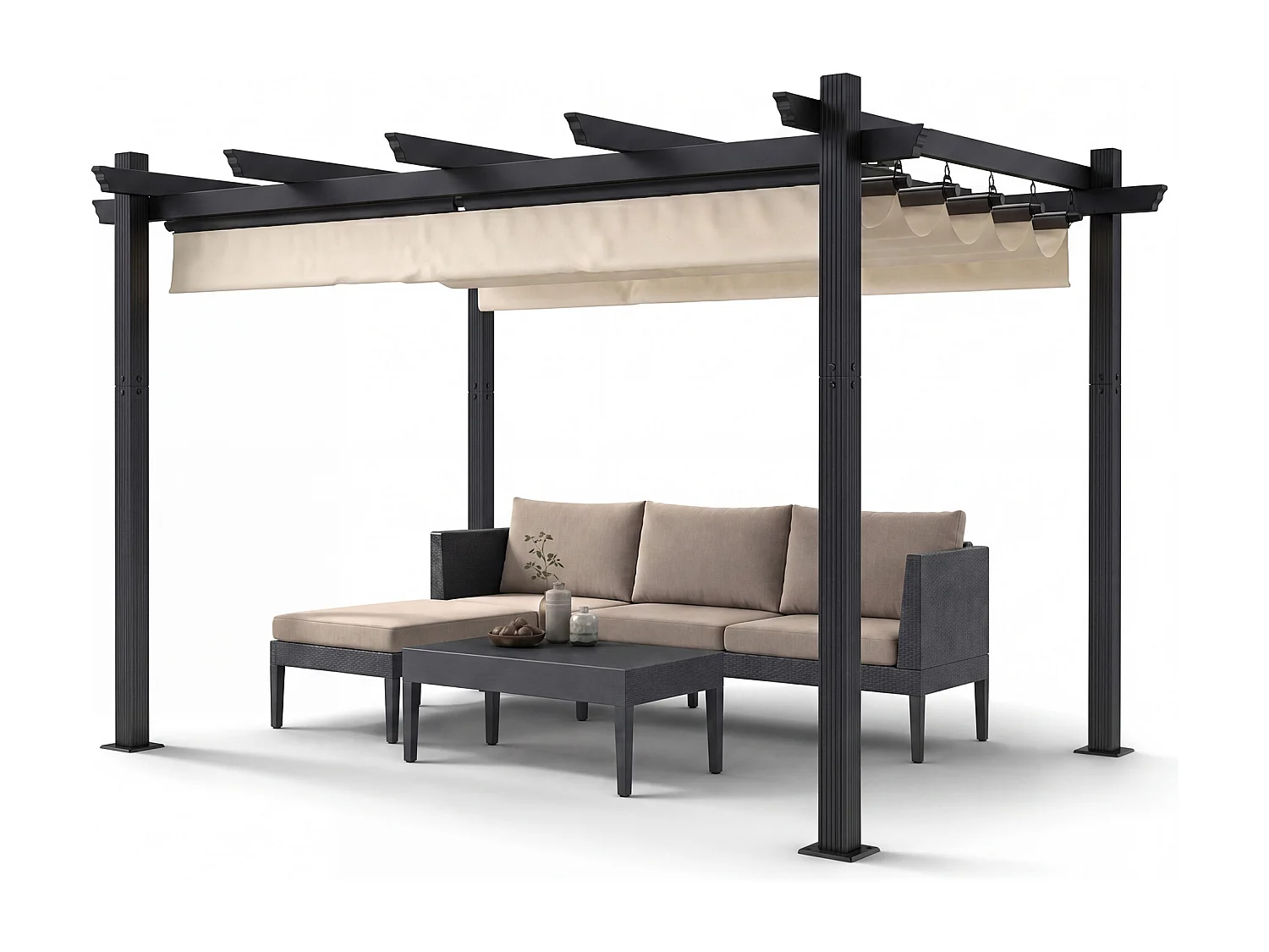 DEVOKE® Pergola Jardin 3x4m avec Toit Ouvrant Réglable à Fermeture Magnétique | Structure Aluminium Stable avec Fixations Vis d'Expansion + Tiges de Sol, Beige