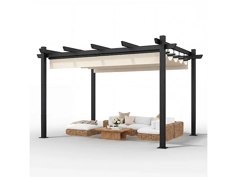 Pergola Jardin 3x4m avec Toit Ouvrant Réglable à Fermeture Magnétique | Structure Aluminium Stable avec Fixations Vis d'Expansion + Tiges de Sol, Beige