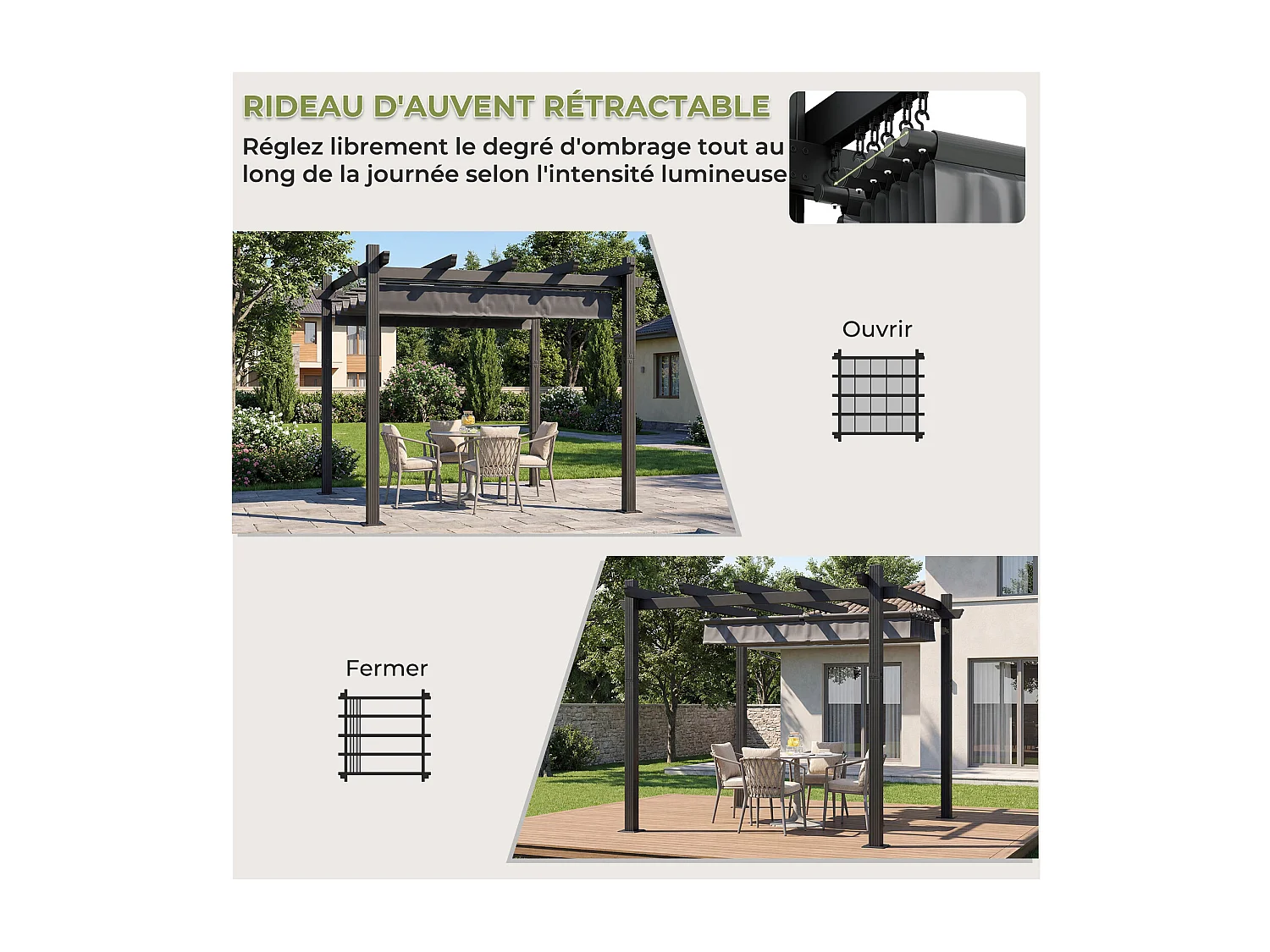 Pergola Jardin 3x3m avec Toit Ouvrant Réglable à Fermeture Magnétique | Structure Aluminium Stable avec Fixations Vis d'Expansion + Tiges de Sol, Gris