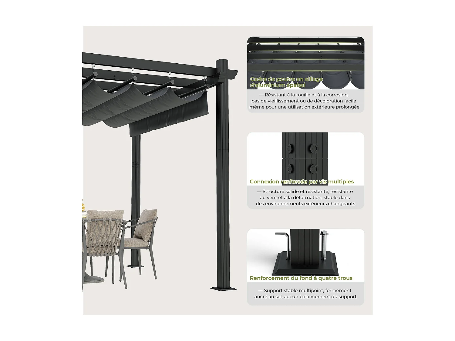 Pergola Jardin 3x3m avec Toit Ouvrant Réglable à Fermeture Magnétique | Structure Aluminium Stable avec Fixations Vis d'Expansion + Tiges de Sol, Gris