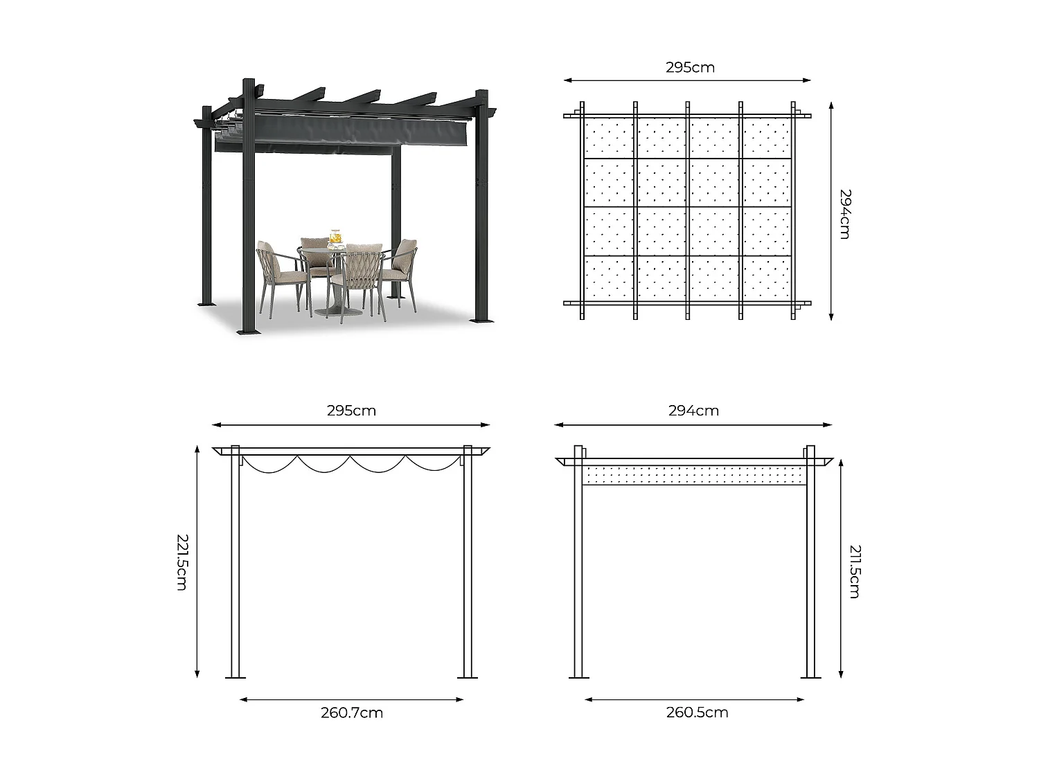 Pergola Jardin 3x3m avec Toit Ouvrant Réglable à Fermeture Magnétique | Structure Aluminium Stable avec Fixations Vis d'Expansion + Tiges de Sol, Gris