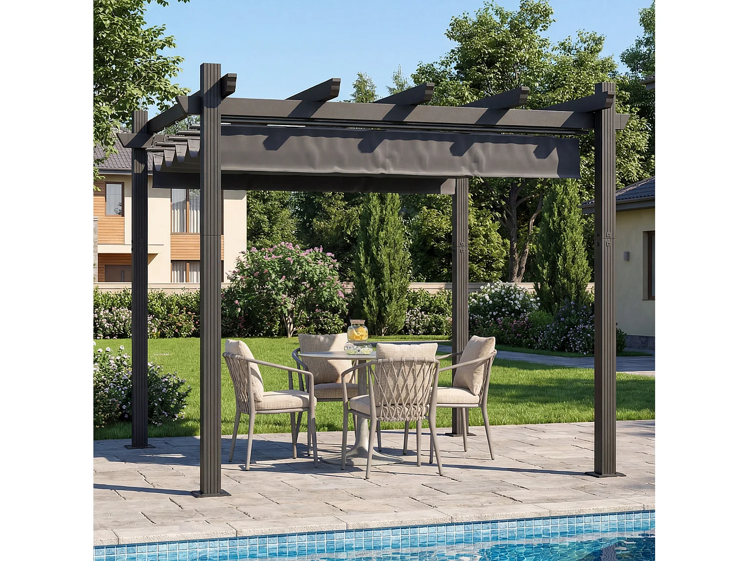 Pergola Jardin 3x3m avec Toit Ouvrant Réglable à Fermeture Magnétique | Structure Aluminium Stable avec Fixations Vis d'Expansion + Tiges de Sol, Gris