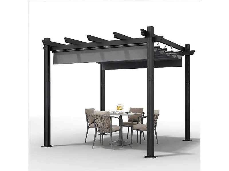 Pergola Jardin 3x3m avec Toit Ouvrant Réglable à Fermeture Magnétique | Structure Aluminium Stable avec Fixations Vis d'Expansion + Tiges de Sol, Gris
