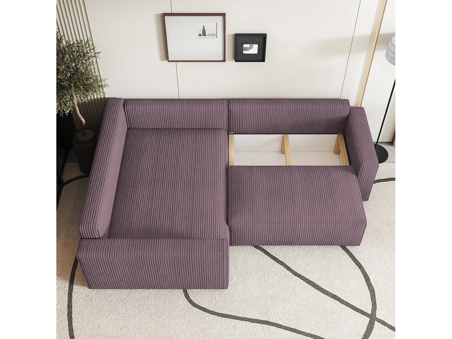 Canapé D'angle Eronis Violet En Velours Côtelé Avec Fonction De Couchage