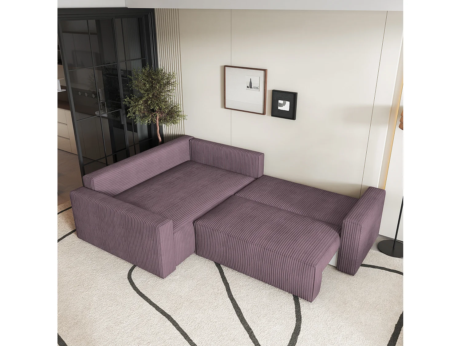 Canapé D'angle Eronis Violet En Velours Côtelé Avec Fonction De Couchage