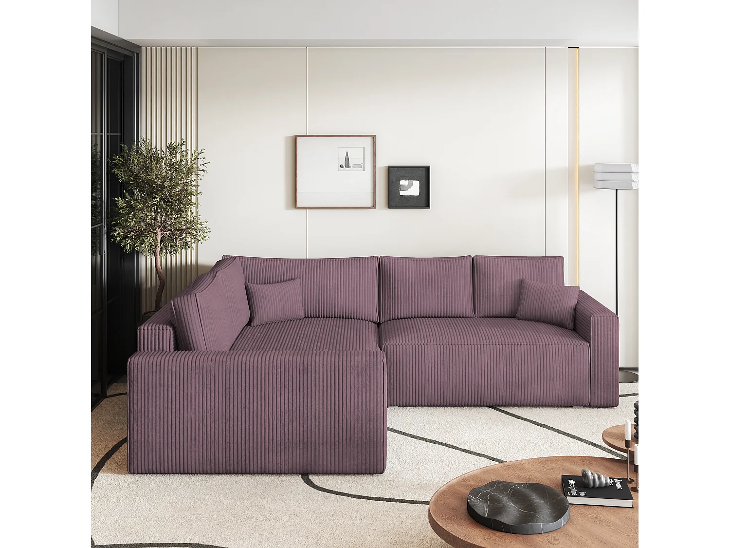 Canapé D'angle Eronis Violet En Velours Côtelé Avec Fonction De Couchage