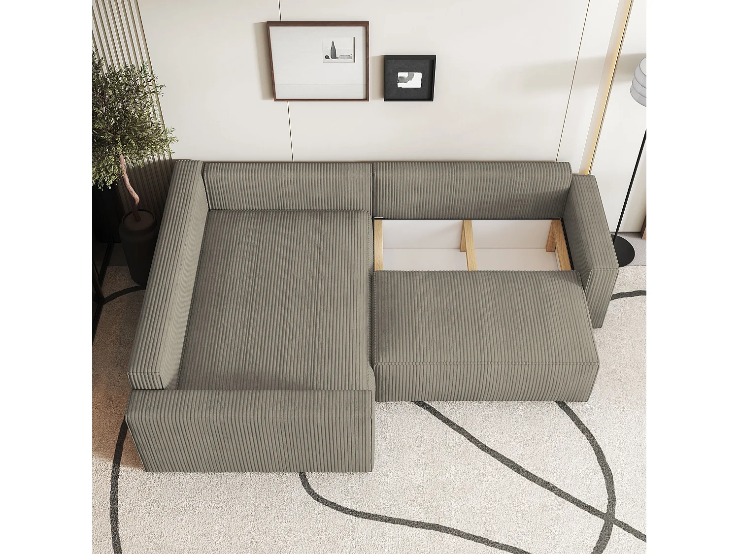 Canapé D'angle Eronis Beige En Velours Côtelé Avec Fonction De Couchage