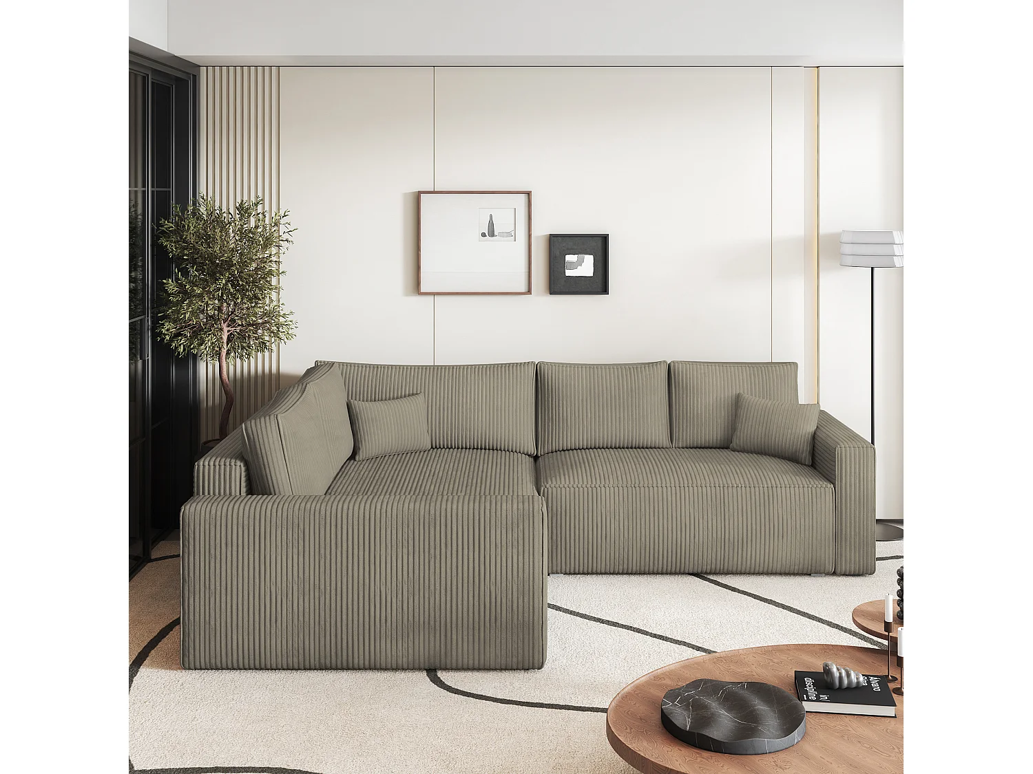 Canapé D'angle Eronis Beige En Velours Côtelé Avec Fonction De Couchage