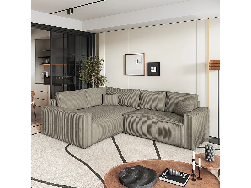 Hoekbank ERONIS van fluweel met slaapfunctie Beige